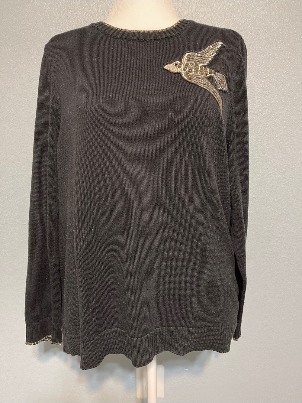 Charter Club Black Sweater Metallic Beaded Bird Applique Crewneck Long Sleeve XL